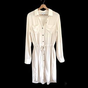 Adam Lippes Long Sleeve Cream Silk Button Front Drawstring Waist Shirt Dress